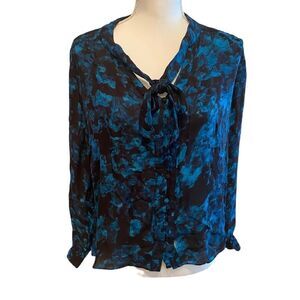 Parker Indigo Blue Long Sleeve Silk Blouse Size Large